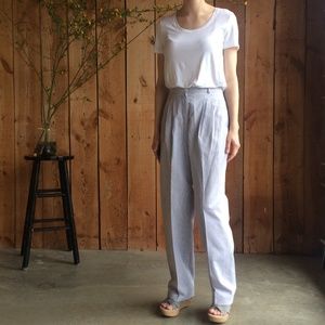 Pleated, pinstripe pants. Unbranded.